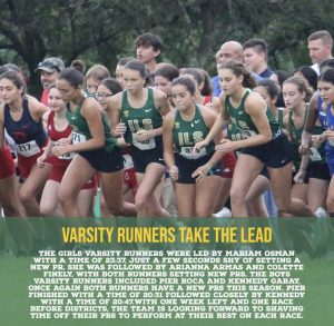 Arianna Armas runs with her teammates. Left to right: Miriam Osman, Armas, Colette Finely.