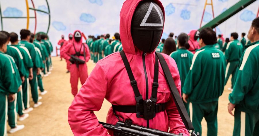 Scene from Netflix show “Squid Game” as participants and guards prepare for the beginning of a new dangerous game