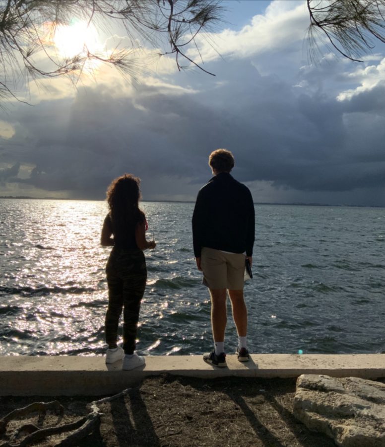 Seniors Hayet Salcedo and Aris Angelo appreciate the view of Biscayne Bay.