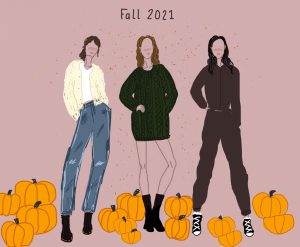 Three fashion sample looks for fall of 2021.
