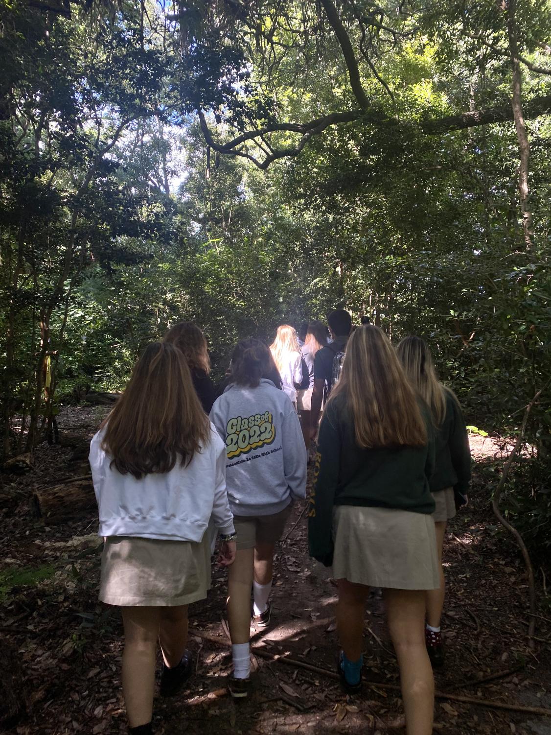 La Salle students trot through the woods, playing along with The Crucible production.