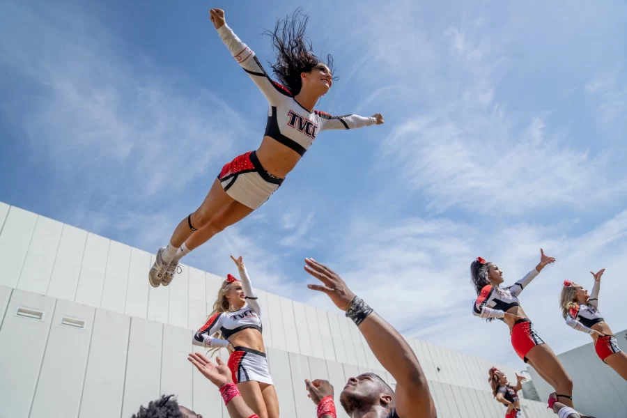 TVCC warms up their routine. 
Credit: https://www.indiewire.com/2022/01/cheer-season-2-review-netflix-documentary-new-team-1234690205/