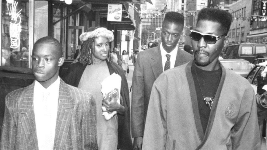Antron McCray (left) and Yusef Salaam (third from left) leave court in 1990.