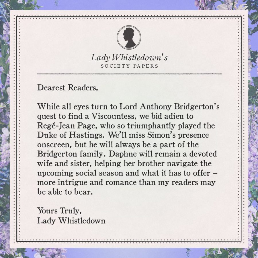 The Bridgerton team announced that Ragé-Jean Page, in turn The Duke, would not be returning in season two, with a message from Lady Whistledown.
