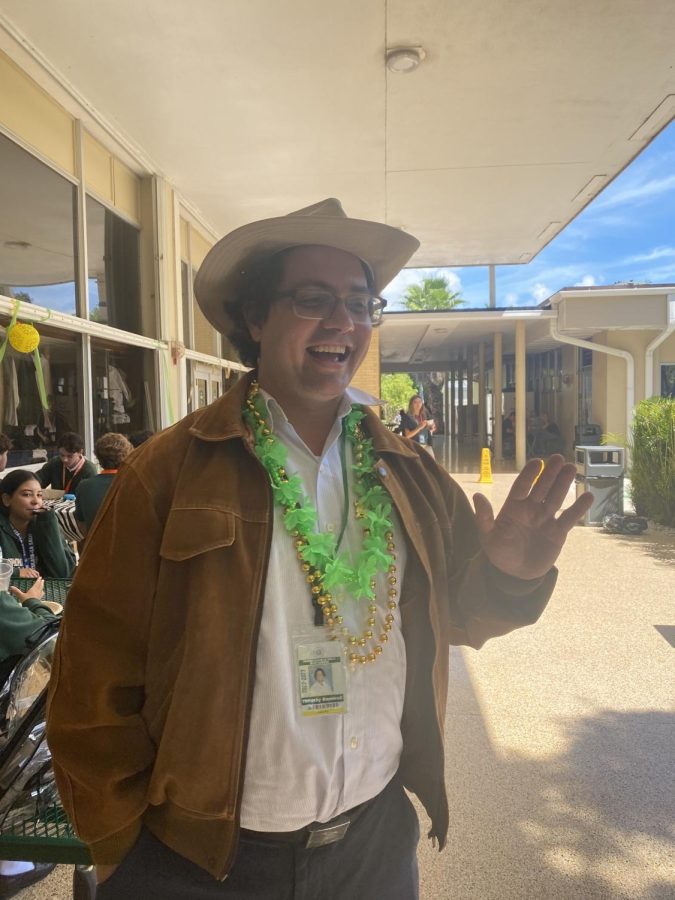 Beloved English teacher mr Gamwell showing his support for his ILS family on green and gold day