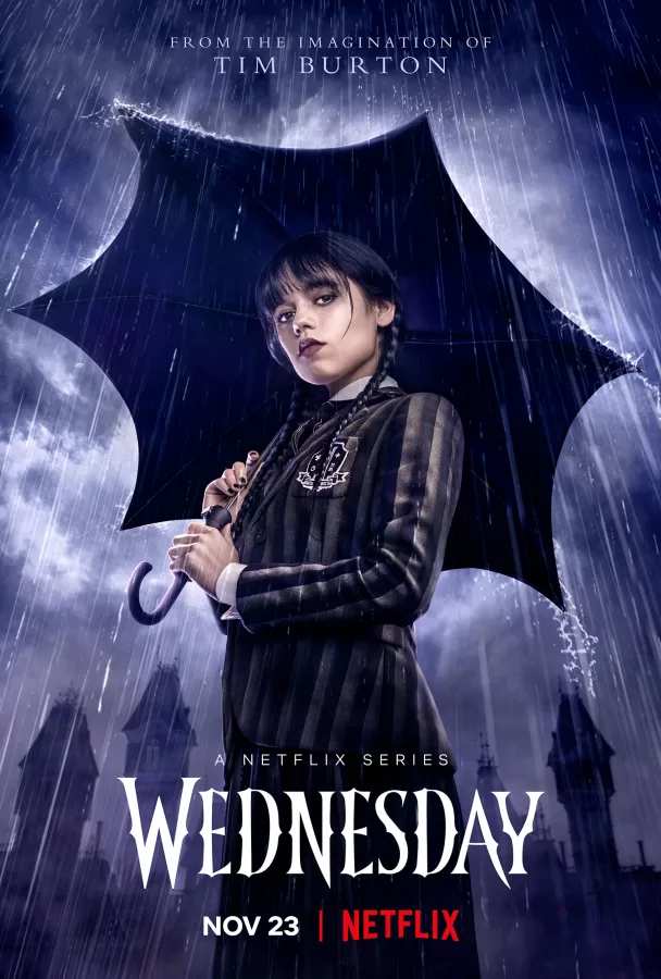 The Wednesday show poster showing the ghoulish mystery of Wednesday Addams.