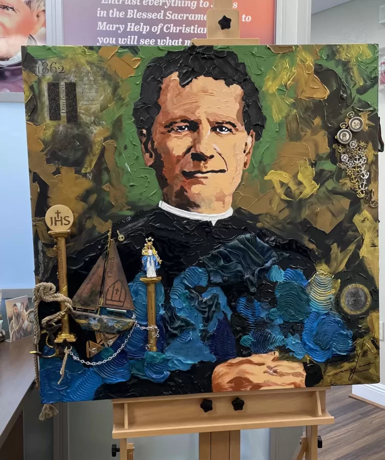 Ms. Cruz Luna painted this canvas of Don Bosco in honor of his feast day which is commemorated each January.