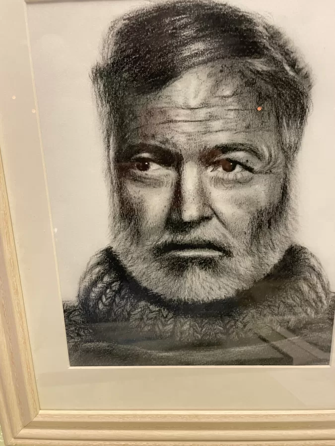 American author Ernest Hemingway as rendered by artist Camila Garcia who specializes in black and white illustrations.