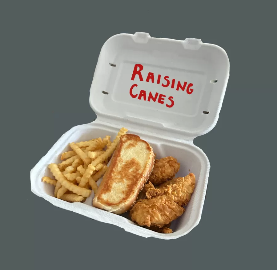 This is a typical order of food and the container in which it is served at Raising Canes.