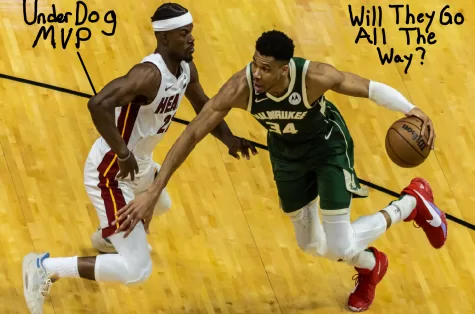 Heat forward Jimmy Butler guarding Giannis Anteketoumpo in the Heat’s sweep of the Milwaukee Bucks
