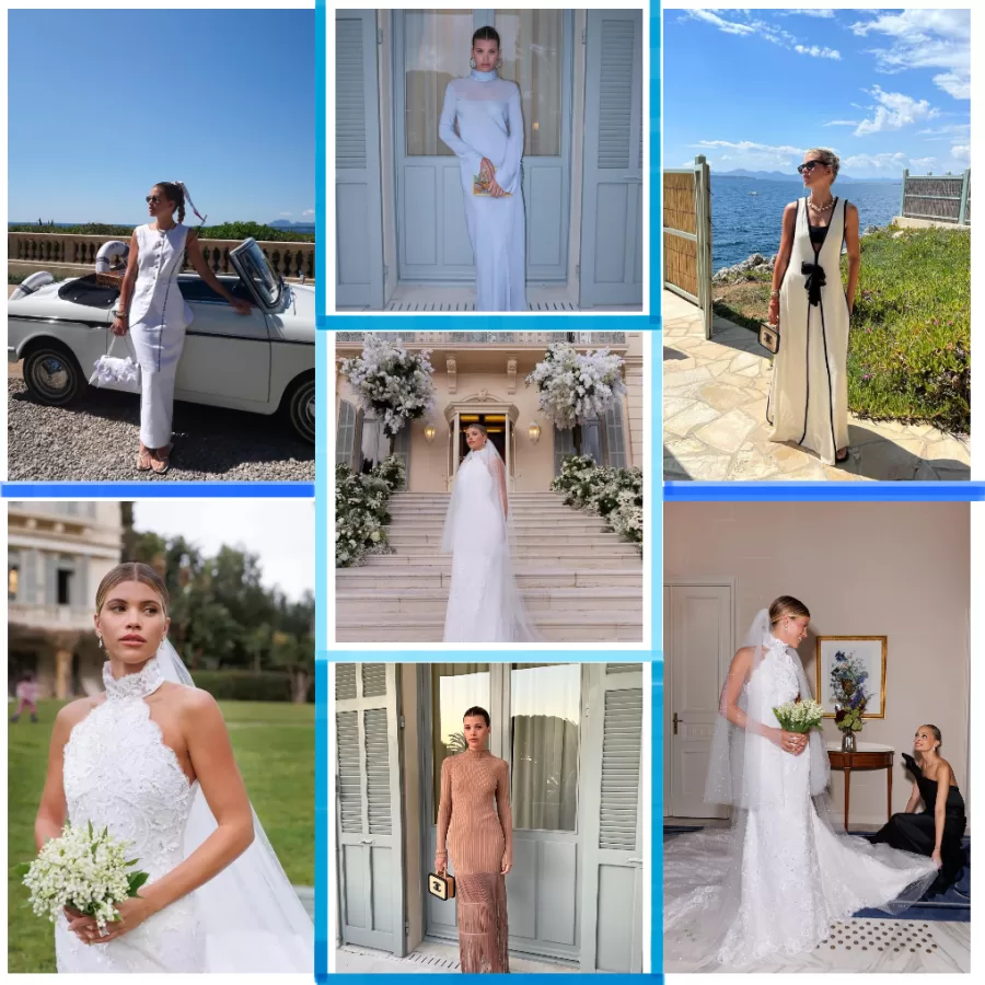 A collection showcasing of some of Sofia Richies rehearsal outfits as well as her wedding dress. 