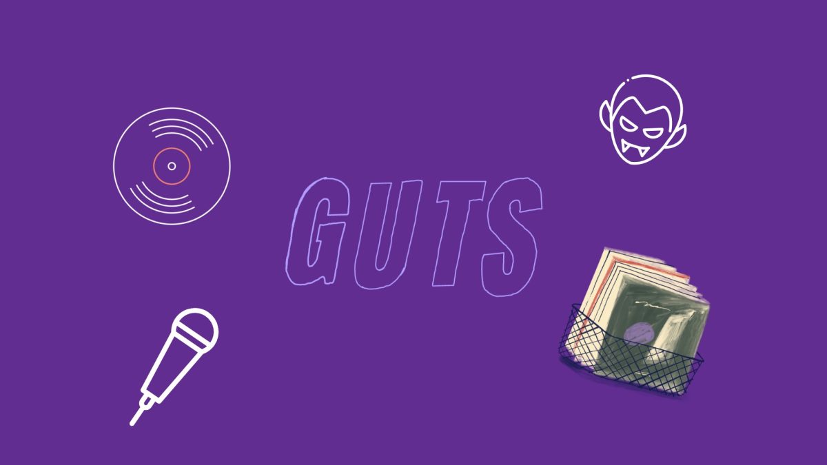 Different elements of the album "Guts" appear in this image