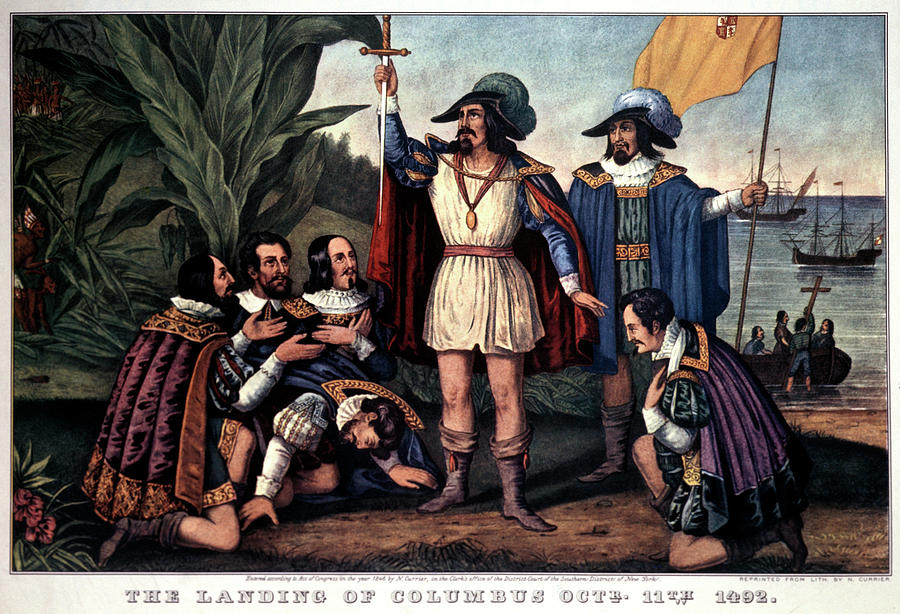 This traditional painting depicts the discovery of the Americas in a far more benevolent fashion than that which actually transpired.