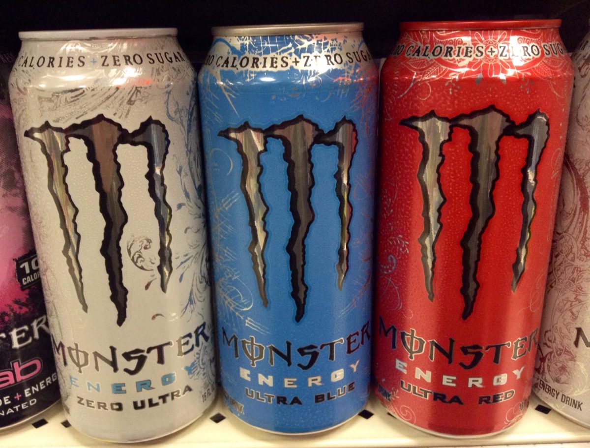 Monster Energy Drinks on the shelf of a local grocery store. 