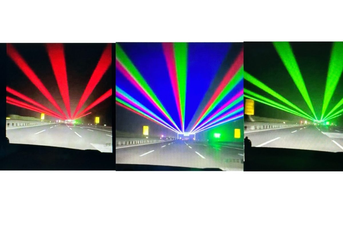 Flashing and color changing lasers on the China expressway.