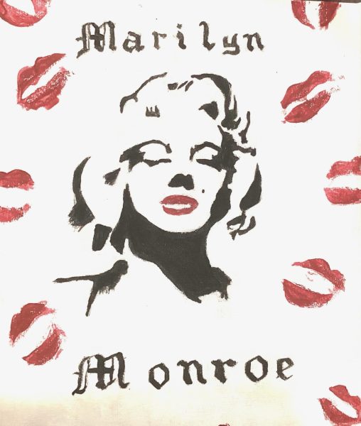 A black and white illustration of Marilyn Monroe with red kiss marks.