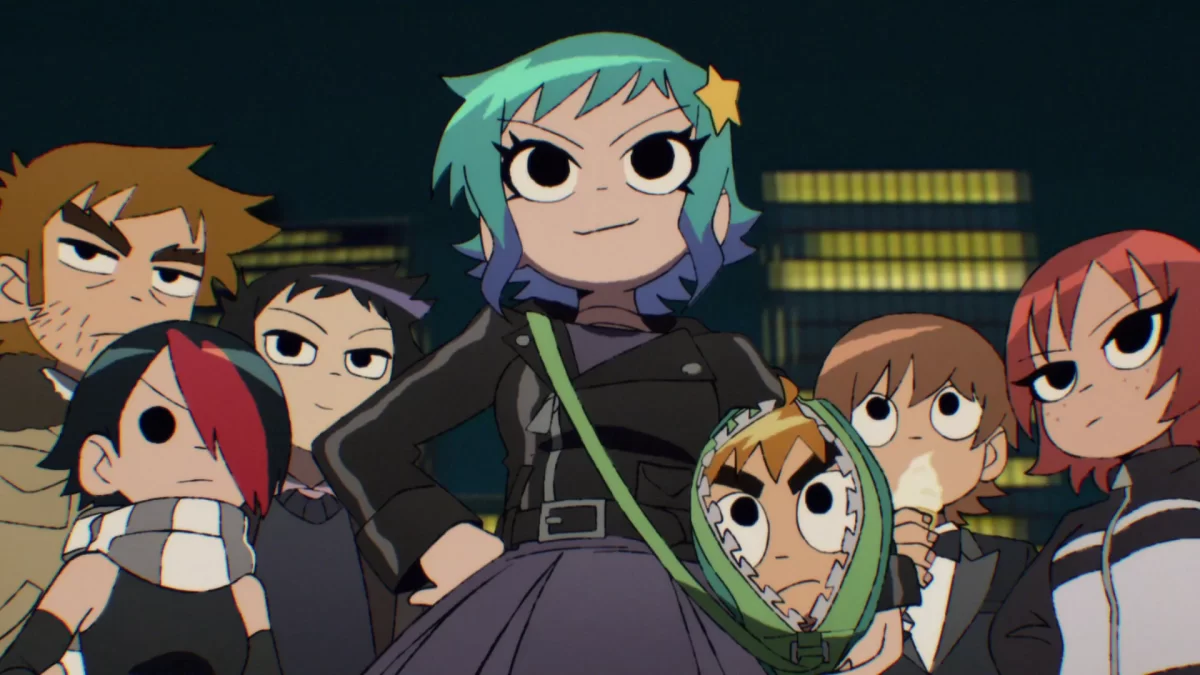 A frame from “Scott Pilgrim Takes Off”, featuring the main characters of the series.