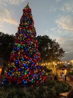 Relaxing by enjoying the decorated Christmas tree at Disney’s Epcot.