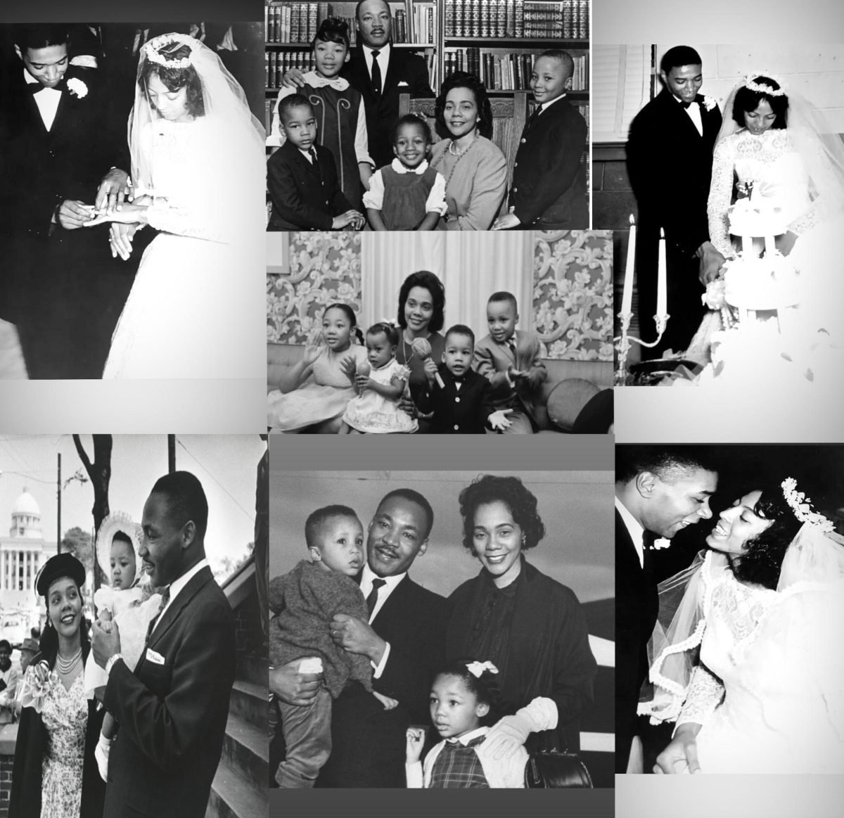 This collage illustrates a sampling of photos of Dr. Martin Luther King, Jr. and his family.
