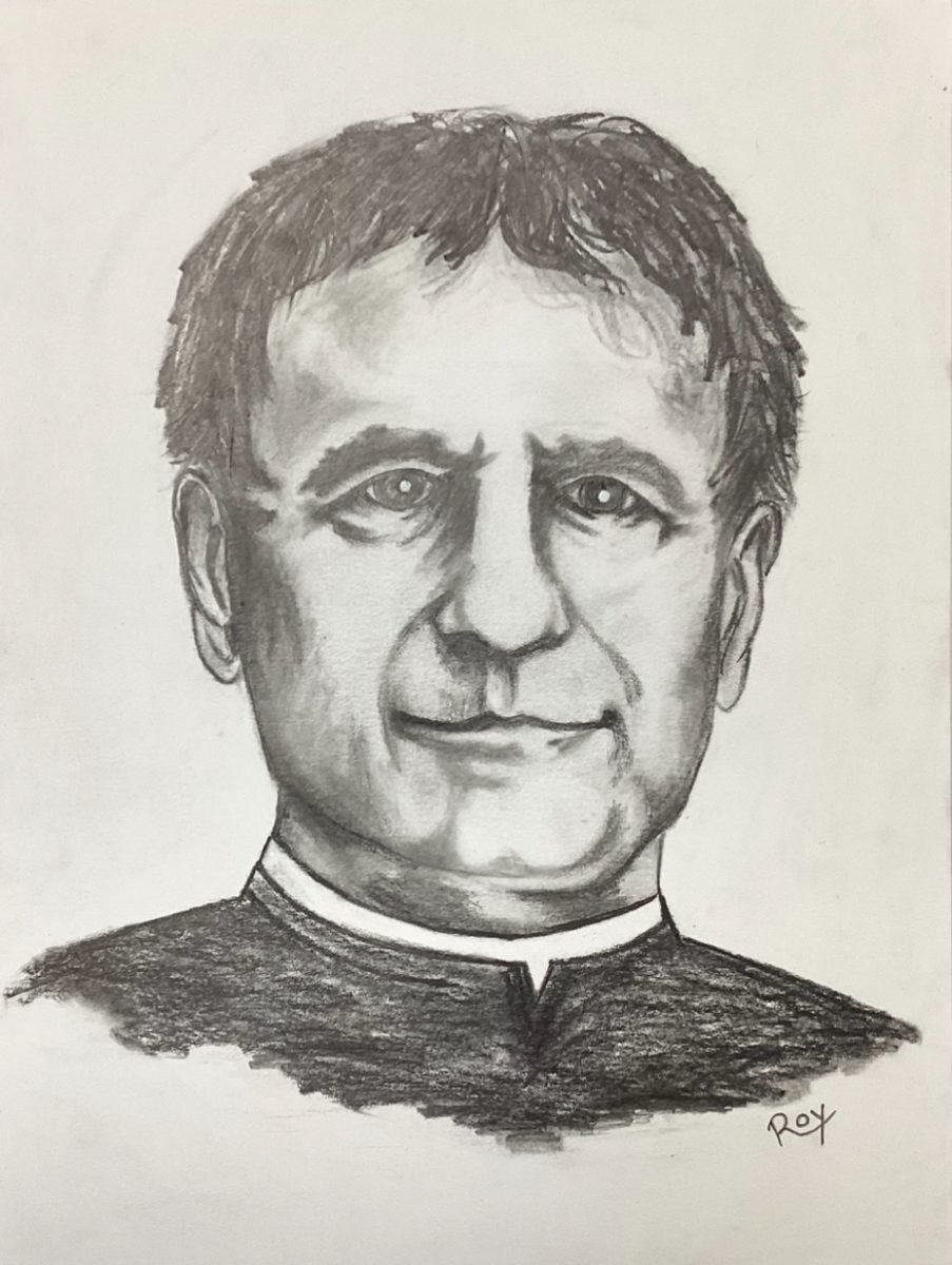 A graphite illustration depicting Don Bosco, the friend of the young and the poor.