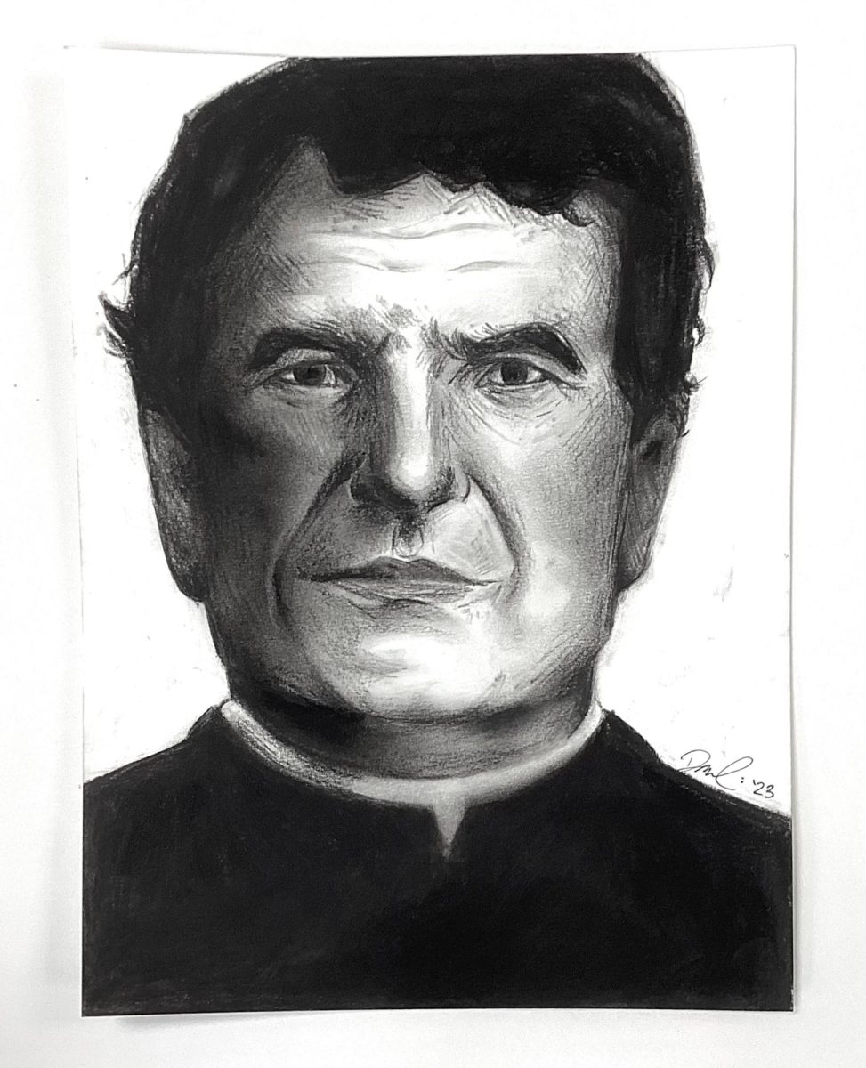 A fully rendered bust-shot illustration of Don Bosco made with charcoal.