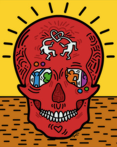 A digital art work depicting a sugar skull, illustrated as an homage to Keith Haring.