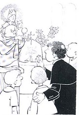 This graphic, black-and-white image of Don Bosco captures him at work in his life-long mission, empowering young children. Illustration from IMA Neuquen