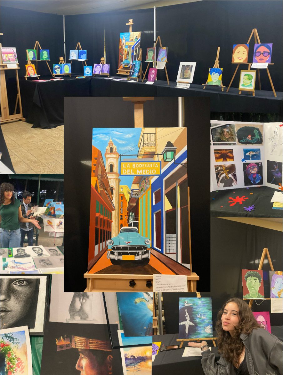 This photo illustration showcases the vibrant, enjoyable, and creative environment found every year at ILSs annual Art Walk. At its center is an acrylic-based painting executed to perfection by senior Roy Justiniani. 