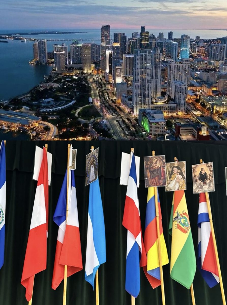 Miamis city view combined with a few flags from different countries representing the international flavor found in this South Florida location.