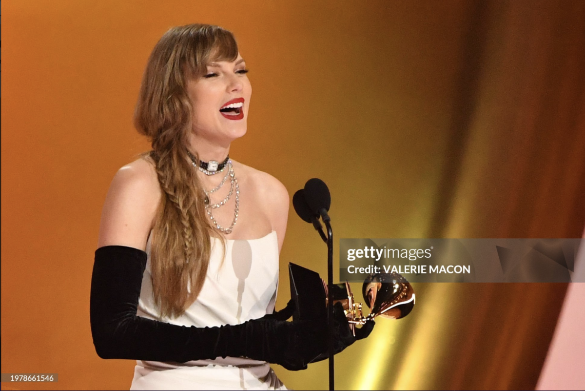 Grammy winner Taylor Swift celebrates her recognition while announcing the release of her new album for 2024. Photo: Getty Images/Valerie Macon