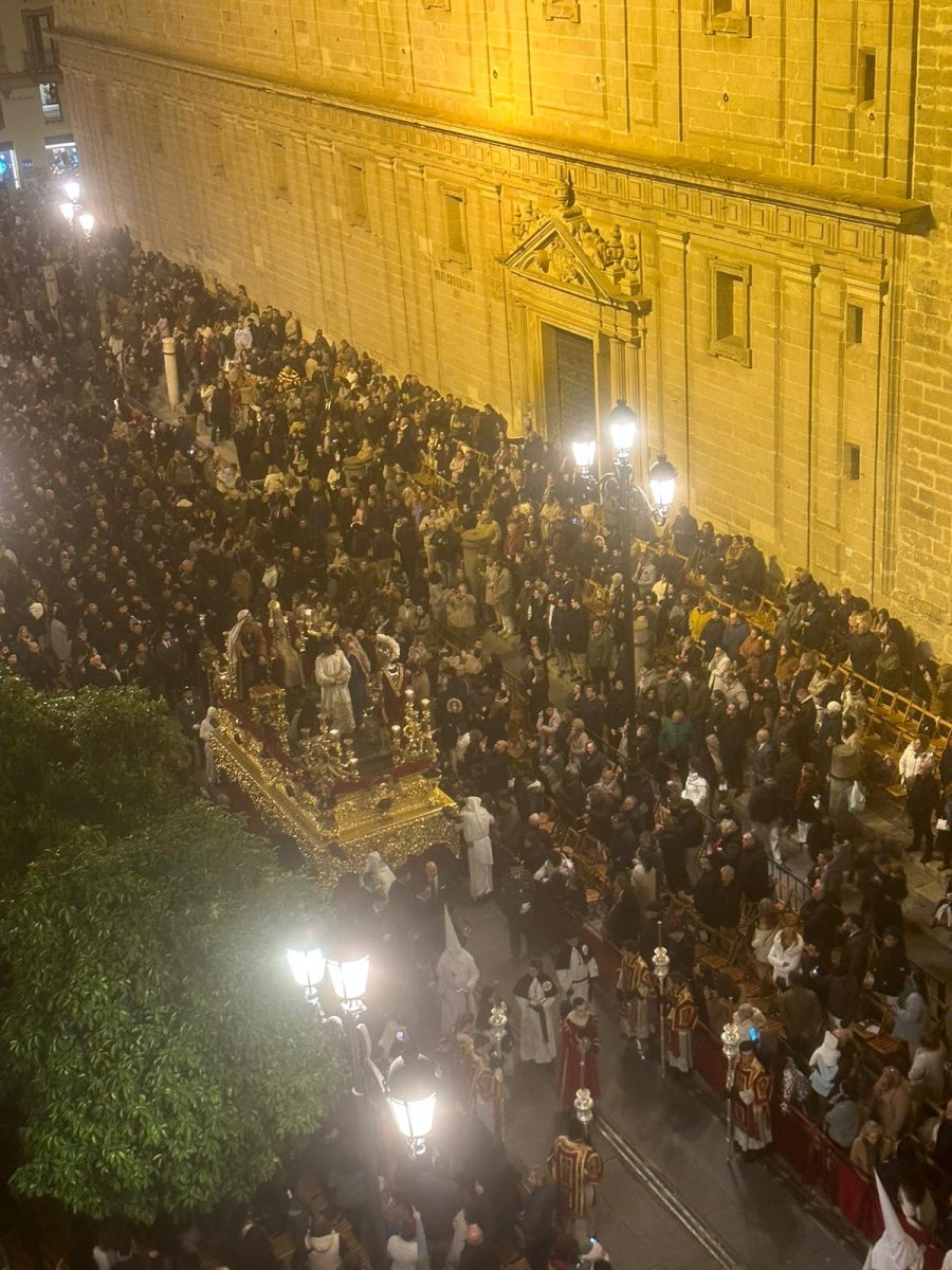 An overhead view taken from one of the many buildings lining the streets in Sevilla, Spain shows the many pilgrims who come from far and wide to participate in Holy Week events.