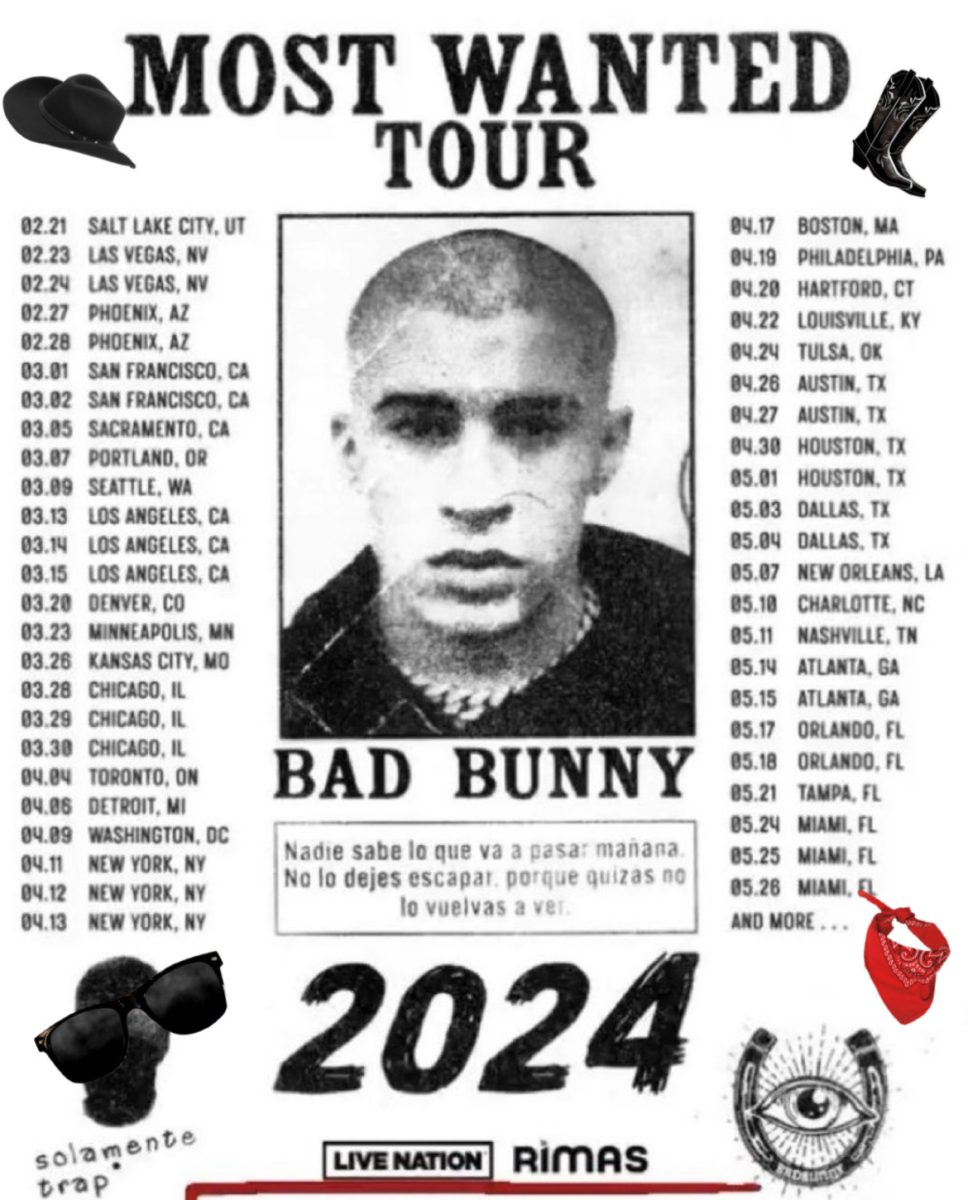 Bad Bunny’s Nadie Sabe Lo Que Va a Pasar Mañana Tour Poster features all his tour’s dates and locations.