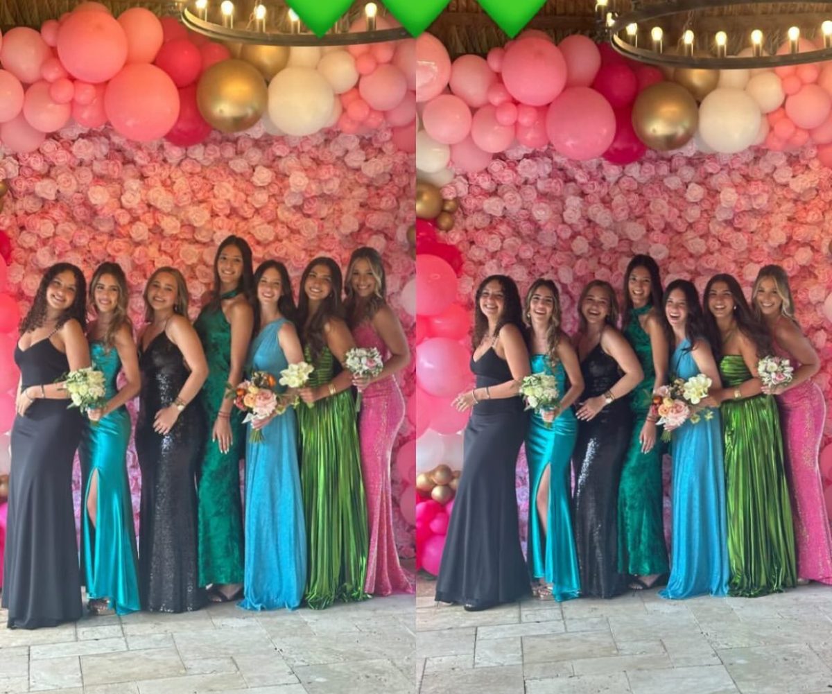 Seniors Valentina Gonzalez,Isabella Brand, Antonella Velasquez, Mia Mena, Daniela Quirós, Miranda Dunbar, and Megan Dominguez pose for pictures before prom begins.