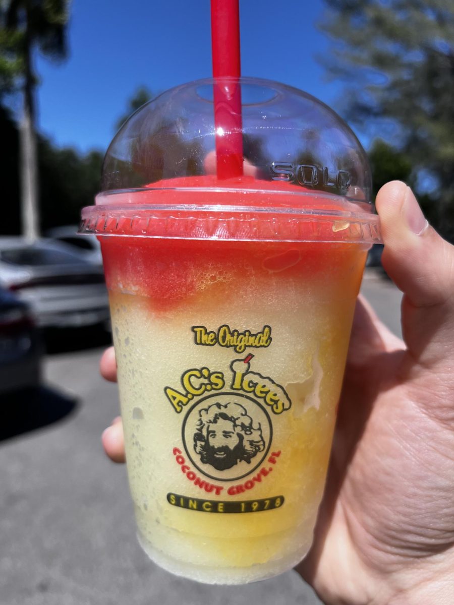 Eric Deez’s favorite AC’s drink comprised from lemonade ice, fresh orange juice and cherry ice on top