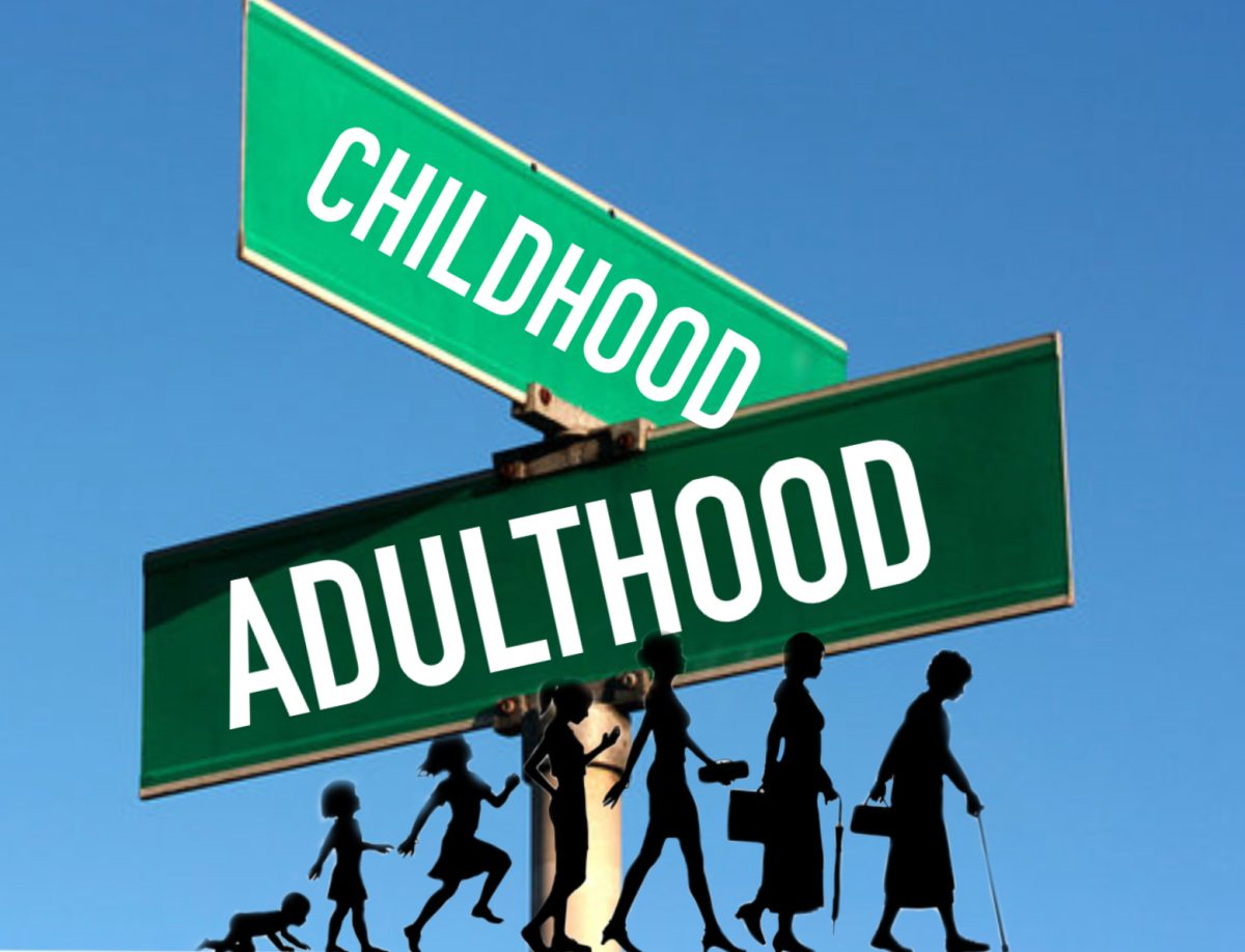 Photo illustration depicting tho crossroads between childhood and adulthood.