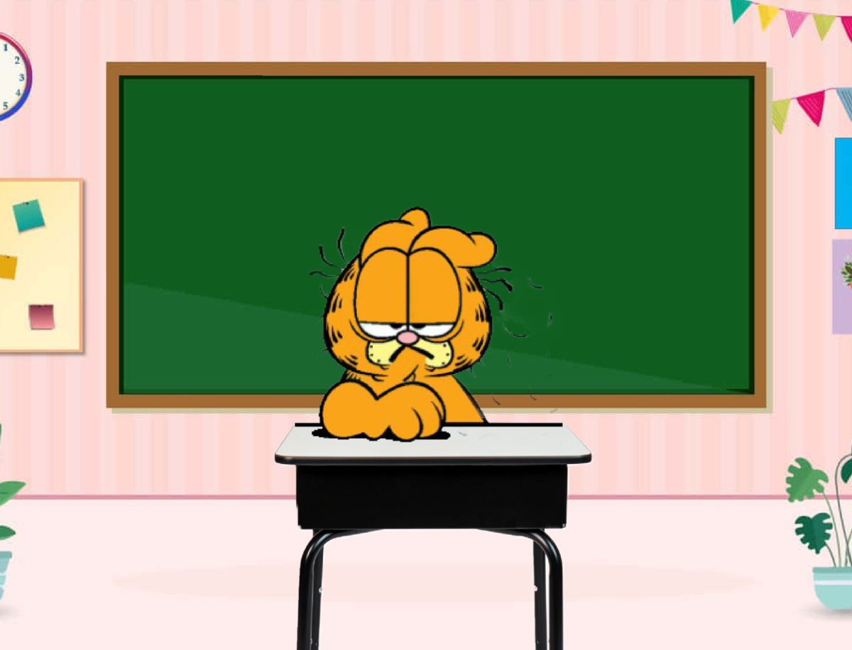 Images collaged to depict an exhausted student in class who very clearly did not get enough sleep in the form of the popular comic book cat, Garfield. Illustration: Eva de la Torre
