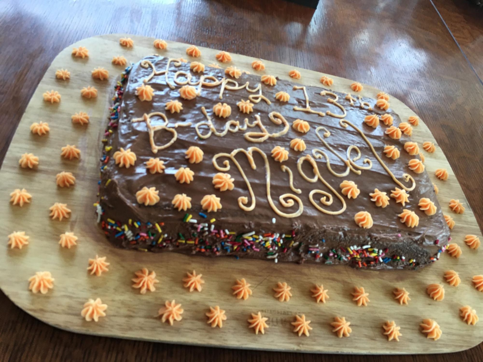 The thirteenth birthday creole cake, using chocolate peanut butter frosting, for writer Miguel Suarez-Cabal's birthday.