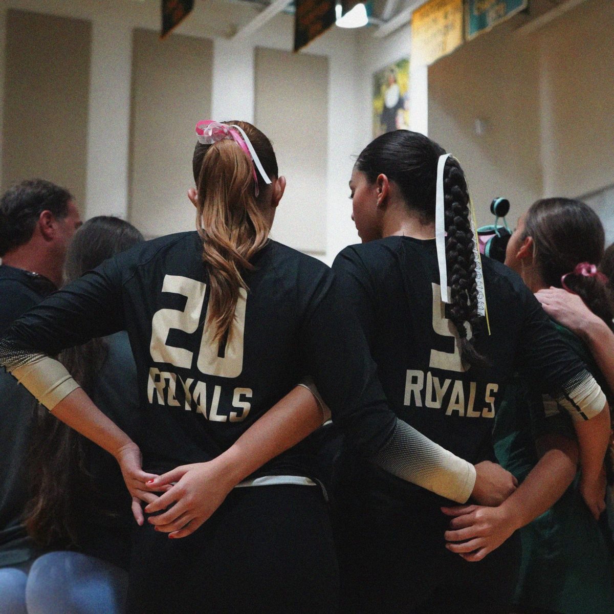 Girls varsity volleyball team mid-game pep talk. 