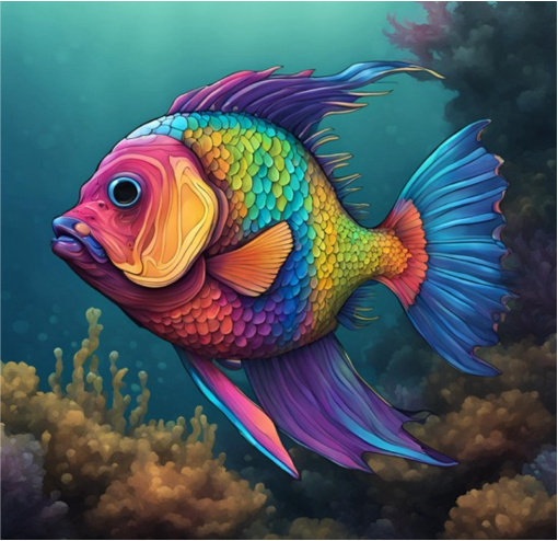 Santiago created this AI-generated image by requesting a multi-colored, scaley fish to represent Scales, the miracle fish at the heart of his short story.