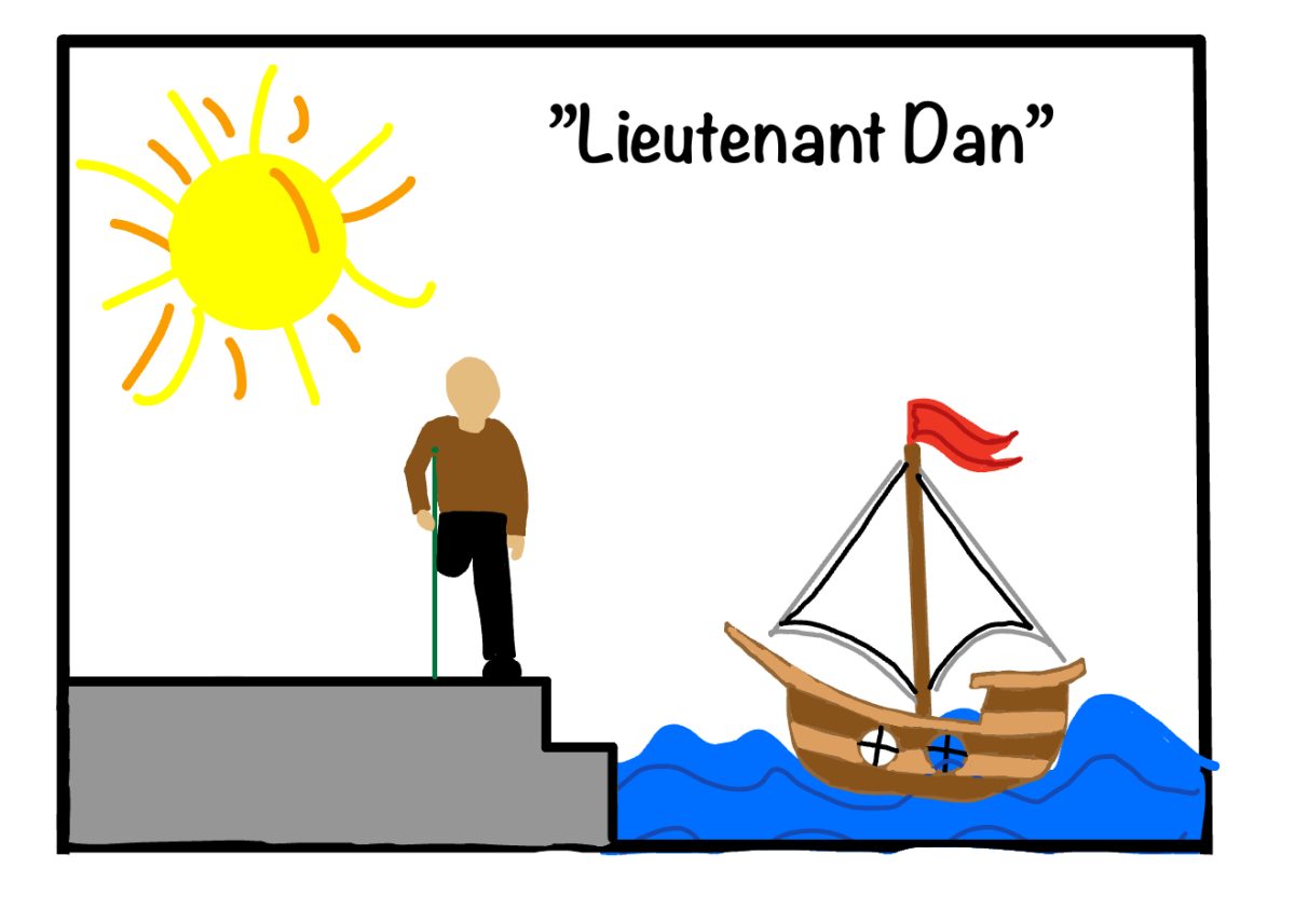 A rendering of Mr. Joseph Malinowski, AKA “Lieutenant Dan,” alongside his famous sailboat home captures the spirit of his courage to face the storm.