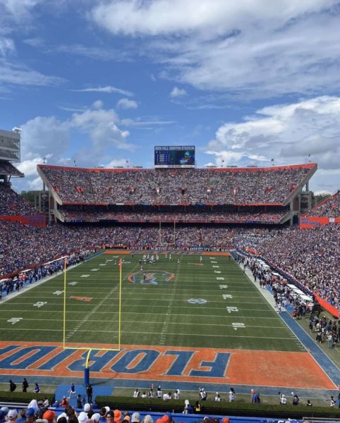 Facetiously referred to as "the swamp," here at Gainesville's University of Florida football stadium, Gator fans display their pride.