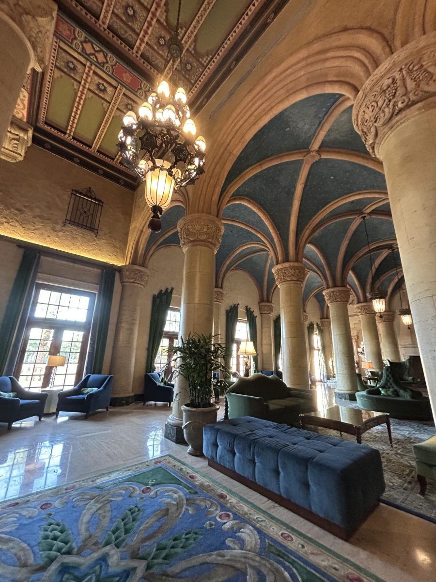 The sumptuous lobby of the infamous Biltmore Hotel in Coral Gables is decorated, with among other items, antique bird cages.