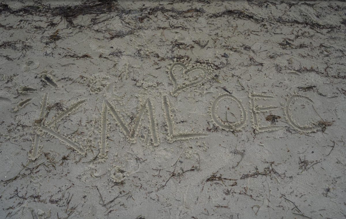 The initials of the non-profit organization, KMLOEC, carved in the sand.