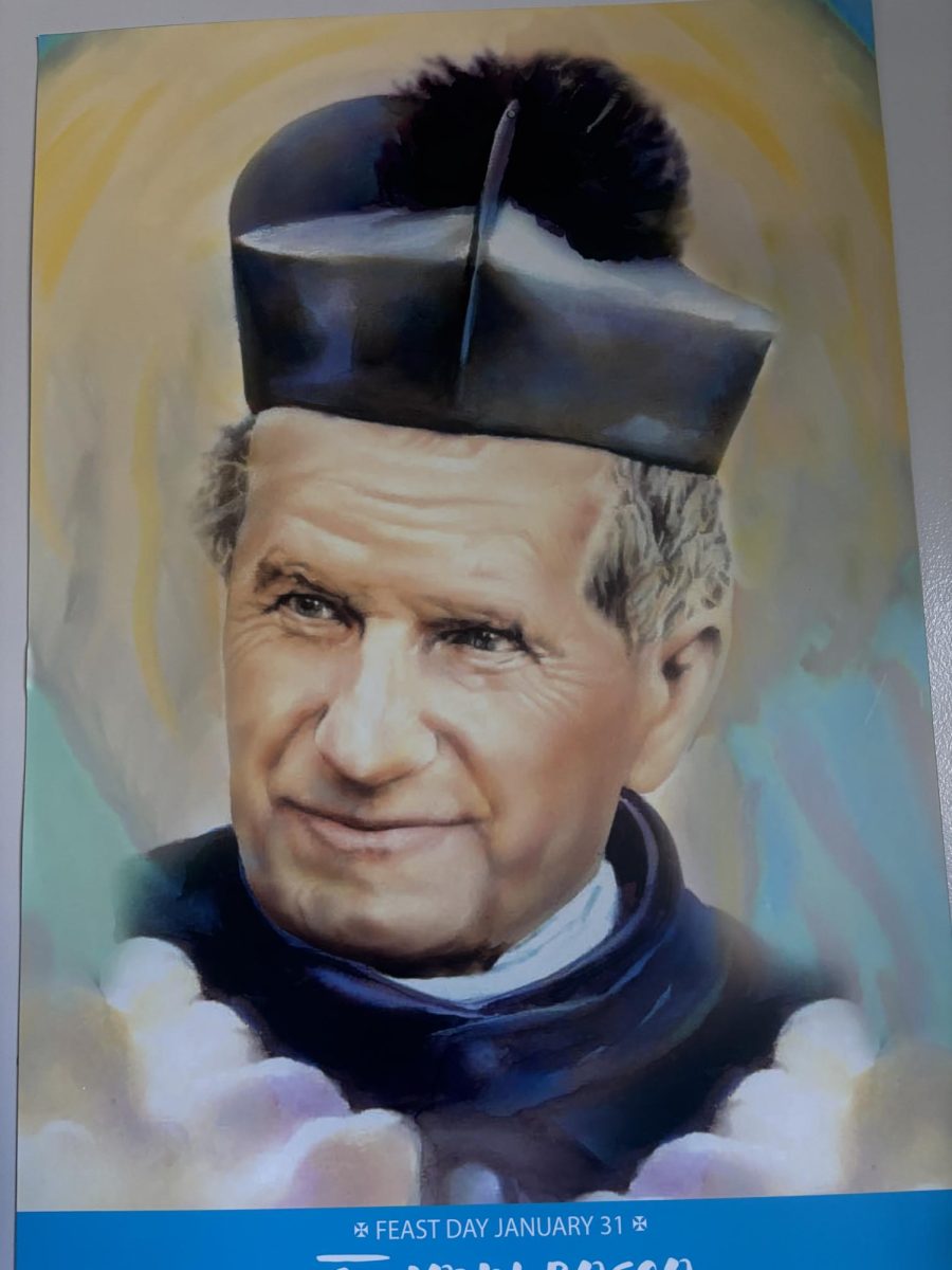 This painting captures the image of ILS's patron saint, Don Bosco.