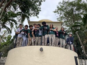 Seniors Rafa Orozco, Luca Rodrigues, Alfredo Valle, Nico Alietti, Alfredo Cancelo, Rashad Lee, Isabella Rosenberger, Kat Garcia, Rachel Larralde, and Sebastian Loughlin practice scenes from William Shakespeare's Macbeth at the Moon Temple.