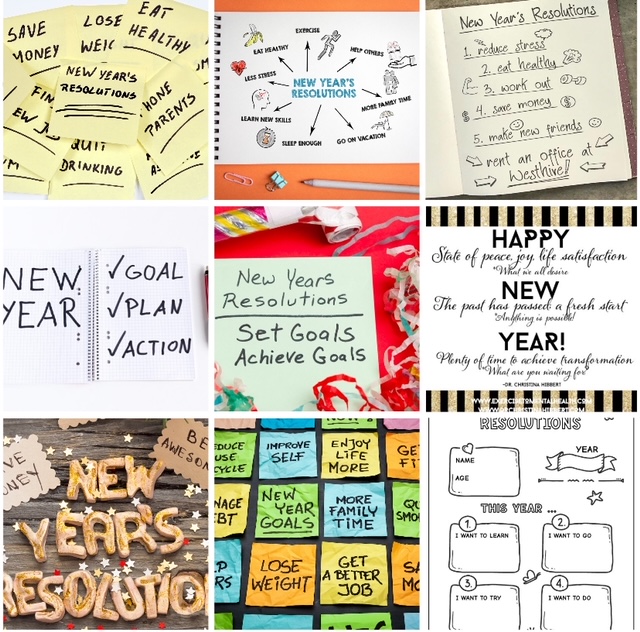 A vibrant collage of New Year’s resolutions, with sticky notes features common goals such as “save more money” and “Improve self."