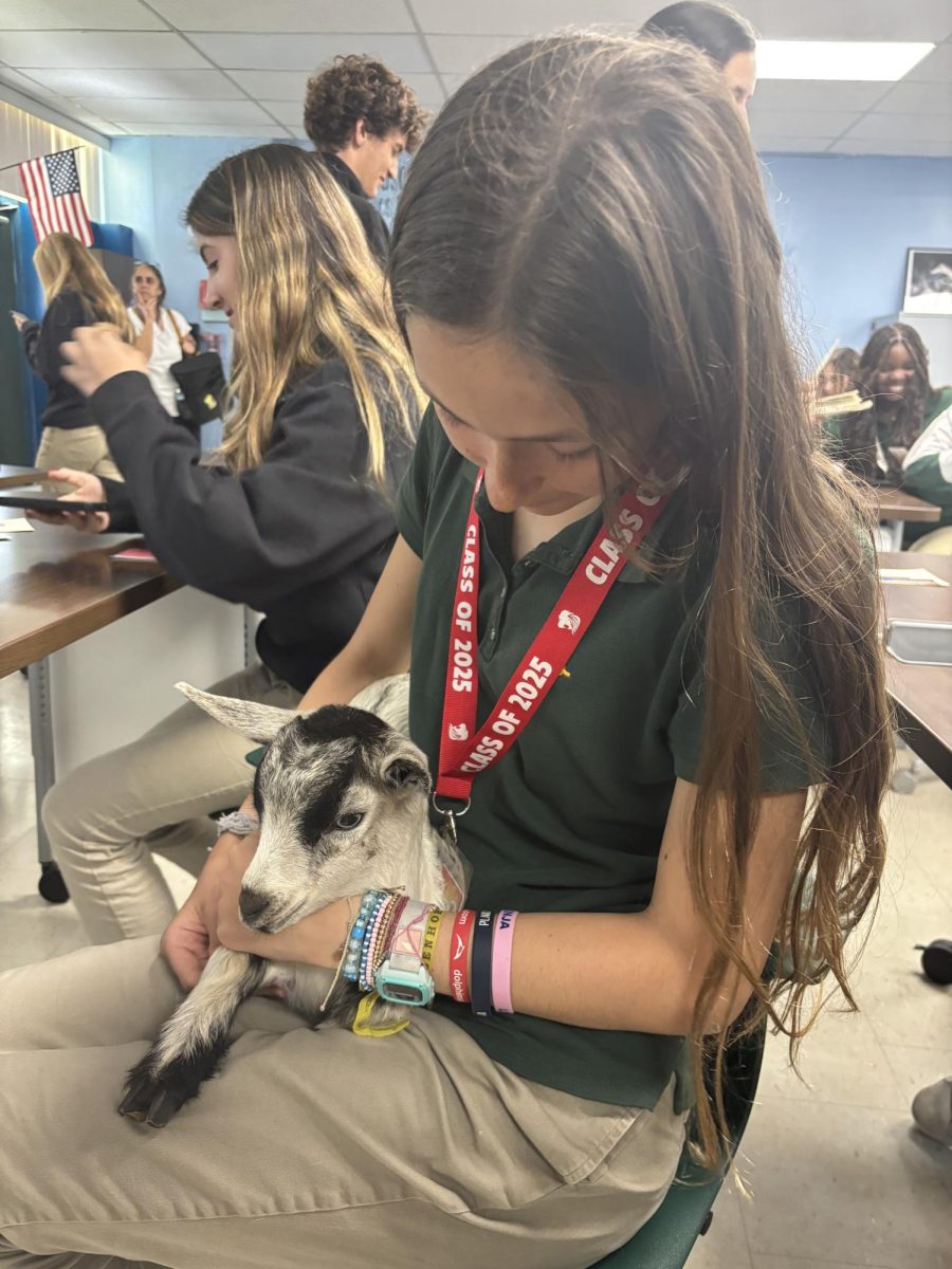 Senior Nathalie Caudron holds a baby goat brought by Veterinary Specialist Inc. owner, Dr. Echagarrua. 