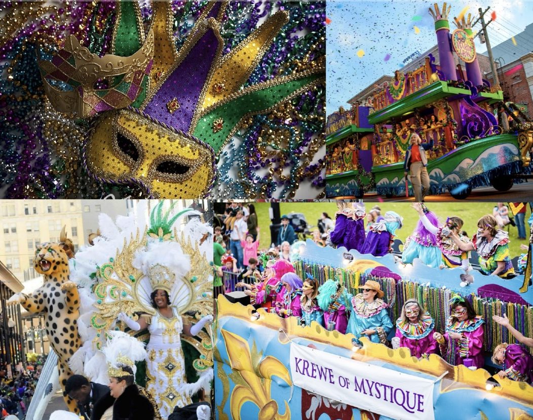 This collage of Mardi Gras customs features such as the floats, masks, and Krewes. 