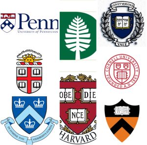 A collage features all eight logos of the Ivy League schools which includes Harvard, Brown, Yale, and Princeton.