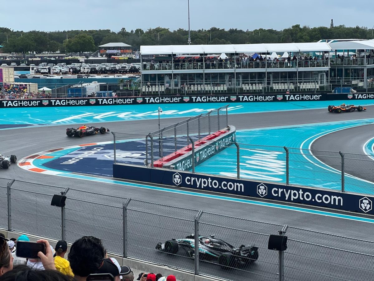 McLaren Driver Lando Norris is chased by Red Bull Driver Max Verstappen  followed by both Mercedes Drivers, George Russel and Andrea Kimi Antonelli.